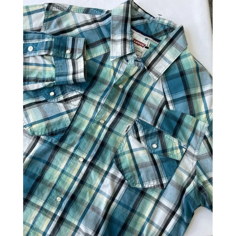 Levis Western Blue Green Plaid Pearl Snap Button Front Shirt Mens‎ M
